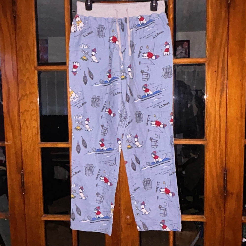 LL Bean Women's S Puppy Dog Blue Winter Sledding PJ Pajama Pants EUC